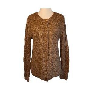 Elena Solano Handmade Cable Knit Cardigan Sweater Brown Heather Button Front‎